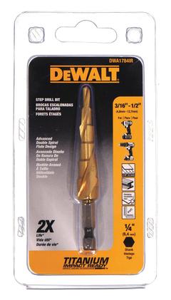 DEWALT Step Drill Bit: 3/16" to 1/2", TiN-Coated HSS, Impact Rated, Quick-Change Hex Shank (MPN DWA1784IR). Key specifications — attr1234936: Impact Rated.