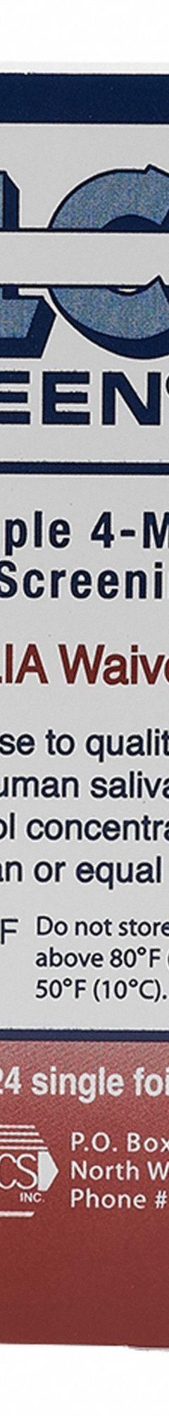 ALCOSCREEN Saliva Alcohol Test: 24 Tests, Blood Alcohol Concentrations (BAC), CLIA Waived (MPN DS85C124DT). Key specifications — Brand: ALCOSCREEN; Product Type: Alcohol Test; Drugs Detected: Blood Alcohol Concentrations (BAC); Standards: CLIA Waived.