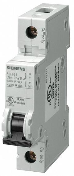 SIEMENS IEC Miniature Circuit Breaker: 63 A Amps, 60V DC, 10kA at 240V AC, Screw Clamp, 5SJ4, AC/DC (MPN 5SJ41637HG40). Key specifications — Brand: SIEMENS; DC Voltage Rating: 60V DC; Max. AIR Rating: 10kA at 240V AC; Terminal Connection: Screw Clamp; AC Voltage Rating: 240V AC.