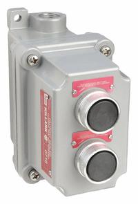 Control Station: 2 Gang, (2) Push Buttons, 2NO/2NC, No Legend, 0 Pilot Lights, 3/4 in, Feed-Thru Hub (MPN FXCS-5B7). Key specifications — Legend: No Legend; Action: Momentary/Momentary; Contact Form: 2NO/2NC; Brand: HUBBELL KILLARK; Operator Configuration Type: (2) Push Buttons.