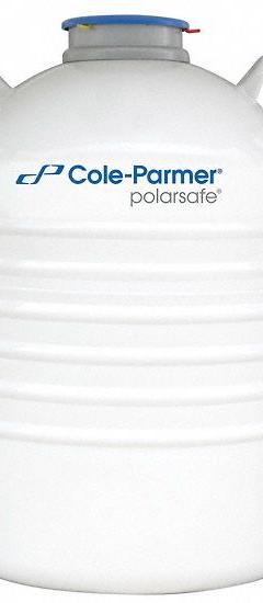 COLE-PARMER Cryogenic Dewar: 35 L Capacity, 18 1/4 in Overall Dia, 27 1/2 in Overall Ht, Aluminum (MPN 4426057). Key specifications — Brand: COLE-PARMER; Material: Aluminum; Includes: Trolleys; Included Safety Features: Lockable.