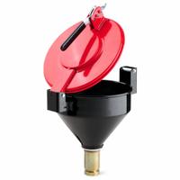 PIG Drum Funnel: Latching/Lockable, Black / Red, No Flame Arrester, 11 1/4 in x 15 in, 2 in NPT (MPN DRM1128-RD-NPT). Key specifications — Brand: PIG; Funnel Material: Steel; For Use With: 20 to 55 gal Plastic or Steel Drums; Color: Red; Lid Type: Lockable; Flame Arrester Ht: No Flame Arrester; Lid Type (sublevel): Lidded.