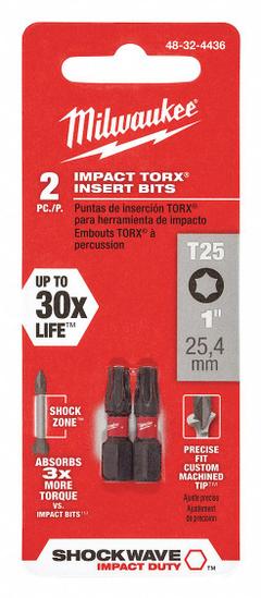 MILWAUKEE Insert Bit: Insert Bit, T25 Bit Size, Imperial, Torx® Head, T25 Bit Industry Size, 2 PK (MPN 48-32-4436). Key specifications — attr1119738: Hex; attr1119735: Imperial; attr1119740: Standard; attr1119734: Alloy Steel; attr1119737: Insert Bit; attr1119741: MILWAUKEE.