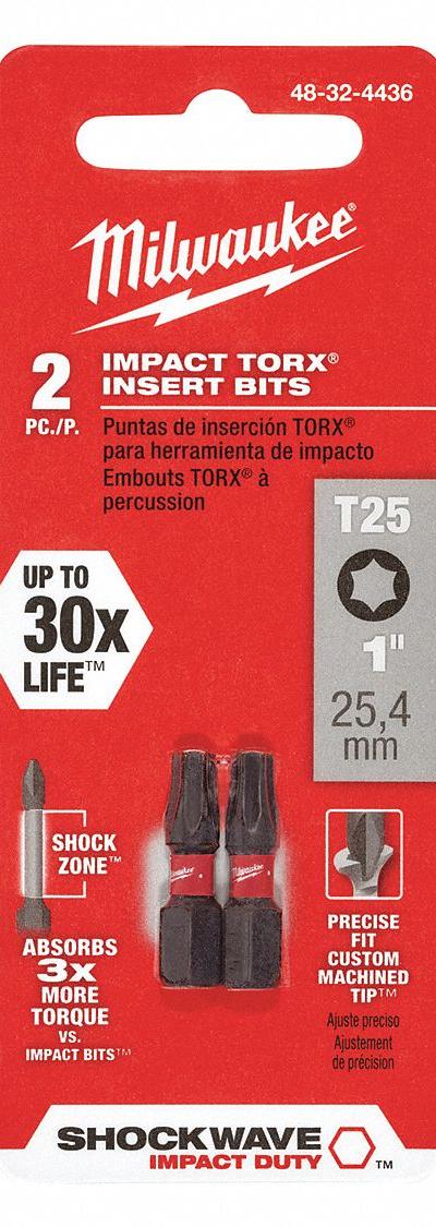 MILWAUKEE Insert Bit: Insert Bit, T25 Bit Size, Imperial, Torx Head, T25 Bit Industry Size - Insert Torx Bits