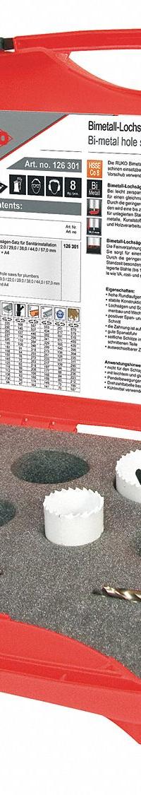 ROTHENBERGER Hole Saw Kit: 8 Pieces, 38 mm Max. Cutting Dp, High Speed Steel, 7 Teeth per Inch (MPN 126301). Key specifications — attr1098178: 7; attr1098172: ROTHENBERGER.