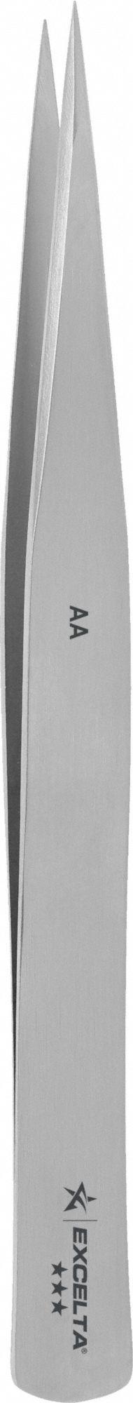EXCELTA Tweezers: Carbon Steel, Point, Straight Tip, 0.008 in Tip Thick (MPN AA). Key specifications — attr1002355: Carbon Steel; attr1002345: EXCELTA; attr1002348: Carbon Steel; attr1002358: Smooth; attr1002361: AA; attr1024781: Standard.