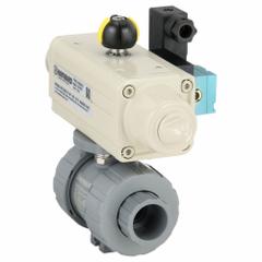 HAYWARD FLOW CONTROL Pneumatically Actuated Two-Way Ball Valve: 3/4 in, CPVC, Air to Spring (MPN PSSTBH207STEA9). Key specifications — Brand: HAYWARD FLOW CONTROL; Connection Gender - Side 1: Female; Actuator Features: Position Indicator; Actuator Operation: Air to Spring; Actuator Series: PSS; Connection Gender - Side 2: Female; Connection Type - Side 1: True-Union Socket/True-Union NPT; Connection Type - Side 2: True-Union Socket/True-Union NPT.