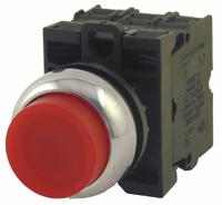 EATON Illuminated Push Button: Illuminated, Extended Profile, Metallic, 22 mm, 1NO/1NC (MPN M22M-DLH-R-K11-230R). Key specifications — Brand: EATON; Action: Momentary; Series: M22; Push Button Material Type: Metallic.