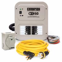CHAMPION Transfer Switch: Single Phase, 240V AC, 50 A Current Rating, 10 Spaces, Prewired, 1/3R (MPN 201193). Key specifications — Includes: Weather-Resistant Outdoor Mounted Power Inlet Box; Brand: CHAMPION POWER EQUIPMENT; Prewired: Yes; Rated Voltage: 240V AC.