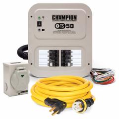 CHAMPION Transfer Switch: Single Phase, 240V AC, 50 A Current Rating, 10 Spaces, Prewired, 1/3R (MPN 201193). Key specifications — Includes: Weather-Resistant Outdoor Mounted Power Inlet Box; Brand: CHAMPION POWER EQUIPMENT; Prewired: Yes; Rated Voltage: 240V AC.