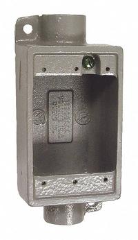 HUBBELL KILLARK Device Box: Iron, Rectangular, 1 Gangs, 1 in Hub Size, 18 cu in Capacity, Gray (MPN FSC-3M). Key specifications — Color: Gray; Brand: HUBBELL KILLARK.