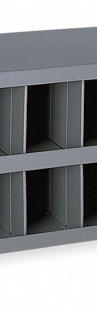 DURHAM MFG Pigeonhole Bin Unit: 34 in x 12 in x 12 in, 16 Compartments, 4 in x 11 7/8 in x 5 1/8 in (MPN 353-95). Key specifications — attr7229: Steel; attr38869: DURHAM MFG; attr38873: Gray.