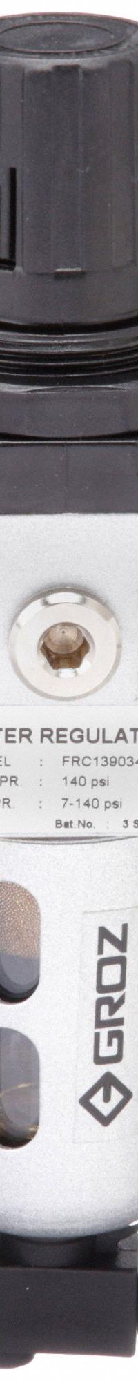 GROZ Filter-Regulator: Light Duty Series, 1/8 in NPT, 14 cfm, 40 micron, 7 psi to 145 psi, Aluminum (MPN FRC139034-S). Key specifications — attr109419: GROZ; attr109429: Aluminum; attr109463: No; attr109467: Nitrile; attr109468: Light Duty.