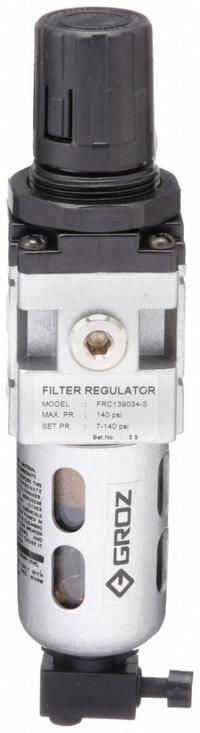 GROZ Filter-Regulator: Light Duty Series, 1/8 in NPT, 14 cfm, 40 micron, 7 psi to 145 psi, Aluminum (MPN FRC139034-S). Key specifications — attr109419: GROZ; attr109429: Aluminum; attr109463: No; attr109467: Nitrile; attr109468: Light Duty.