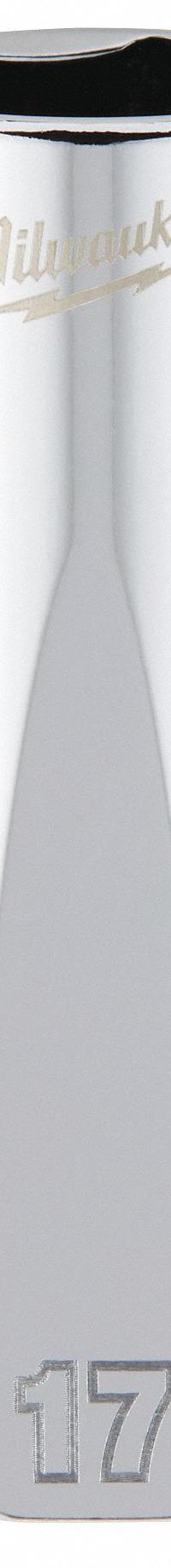 MILWAUKEE Deep Well Socket: Metric, 3/8 in Drive Size, 17 mm Socket Size, 6-Point, Deep, Chrome (MPN 45-34-0117). Key specifications — attr1204417: MILWAUKEE; attr1204392: Chrome.