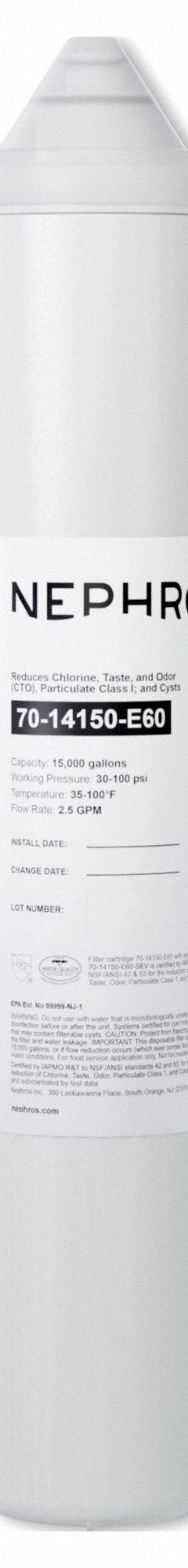 NEPHROS Quick-Connect Water Filter: 1 micron, 2.5 gpm, 17 in Overall Ht, 3 in Overall Dia (MPN 70-14150-E60). Key specifications — Product Type: Quick-Connect Water Filter; Filter Media: Carbon; Brand: NEPHROS; Reduces: Chlorine Taste.
