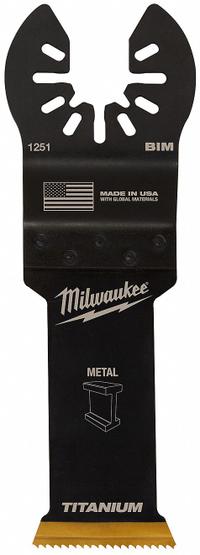 MILWAUKEE Oscillating Tool Blade: 1 1/8 in Blade Wd, 4 1/4 in Overall Lg, Flush Cutting, Bi-Metal (MPN 49-25-1251). Key specifications — attr1097473: Drywall; attr1097476: MILWAUKEE; attr1097456: Flush Cutting.