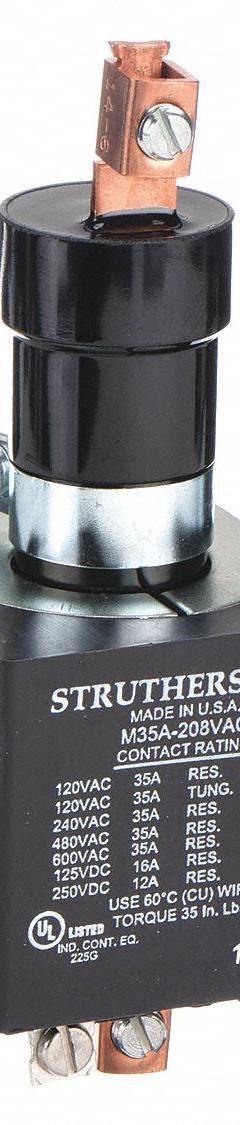 STRUTHERS-DUNN Mercury Displacement Contactor: 208V AC, 35 A Full Load Current - Resistive, 1 Poles (MPN M35A-208VAC). Key specifications — Brand: STRUTHERS-DUNN; Terminal Connection Type: Screw Terminals; Contact Material: Liquid Mercury.