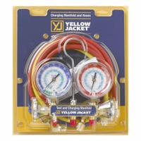 YELLOW JACKET Manifold Gauge: 2 Valves, 1 Hoses, Series 41, 3 1/8 in Gauge, For R-134A/R-22 (MPN 42205). Key specifications — Hose Connection Type: Ball Valve; Product Type: Manifold Gauge Set; For Refrigerant Type: R-134A; Brand: YELLOW JACKET; Gauge Boots: No; Sight Glass: No.