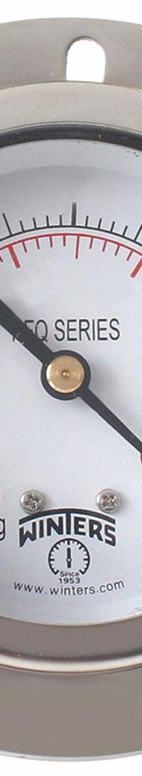 WINTERS Panel-Mount Pressure Gauge: Front Flange, 0 psi to 600 psi, 2 1/2 in Dial, 1/4 in NPT Male (MPN PFQ908-DRY-25FF). Key specifications — Accuracy: ±1.5%; Brand: WINTERS; Vibration Resistance Properties: Field-Fillable; Gauge Wetted Parts: Brass / Bronze.