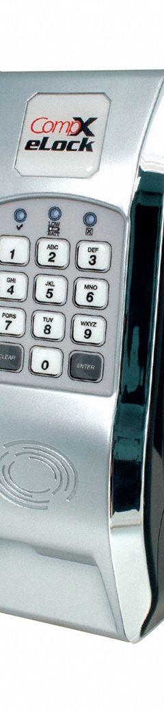 COMPX ELOCK Electronic Keyless Lock: Powder Coated, Spring Loaded Latch, 8 13/32 in Body Ht, Keypad (MPN 150-KP-FRG-V). Key specifications — Finish: Powder Coated; Latch Type: Spring Loaded Latch; Brand: COMPX ELOCK; Manufacturer Part Number: 150-KP-FRG-V.