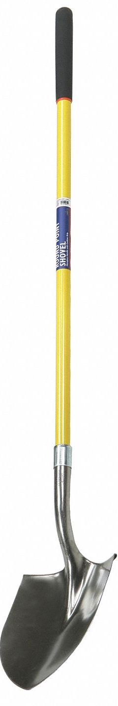 ABILITY ONE Round Point Shovel: Steel Blade, 14 ga, Straight Handle Type, Fiberglass Handle (MPN 5120-00-965-9550). Key specifications — Blade Color: Gray; Handle Color: Yellow; Blade Material: Steel.