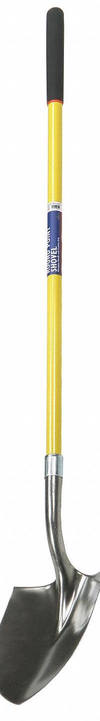 ABILITY ONE Round Point Shovel: Steel Blade, 14 ga, Straight Handle Type, Fiberglass Handle (MPN 5120-00-965-9550). Key specifications — Blade Color: Gray; Handle Color: Yellow; Blade Material: Steel.