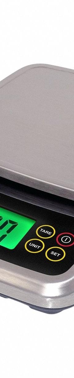 CDN Food Scale: 5 3/8 in Weighing Surface Dp, 5 3/8 in Weighing Surface Wd, 1 3/4 in Overall Ht, LCD (MPN SD1120). Key specifications — Readability: 0.05 oz; Brand: CDN; IP Rating: IP68.
