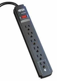 TRIPP LITE Outlet Strip: 6 Outlets, 6 ft Cord Lg, 900 J Rated Energy, 15 A Current, UL 1363, Black (MPN TLP606B). Key specifications — Brand: TRIPP LITE; Mounting Style: Keyhole.