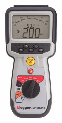 MEGGER Megohmmeter: 0.01 ohm to 1 megaohm, CAT IV 600V, IP54, Digital, USB, 1 mA to 2 mA (MPN MIT410/2). Key specifications — IP Rating: IP54; Test Voltage: 250V DC; Brand: MEGGER.