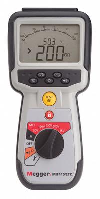 MEGGER Megohmmeter: 0.01 ohm to 1 megaohm, CAT IV 600V, IP54, Digital, USB, 1 mA to 2 mA (MPN MIT410/2). Key specifications — IP Rating: IP54; Test Voltage: 250V DC; Brand: MEGGER.