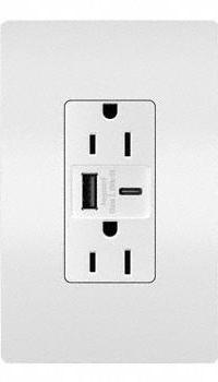USB Receptacle: Duplex, 5-15R, 2 USB Ports, USB Type A/C, White, 125V AC, 15 A (MPN R26USBAC6W). Key specifications — Brand: LEGRAND.