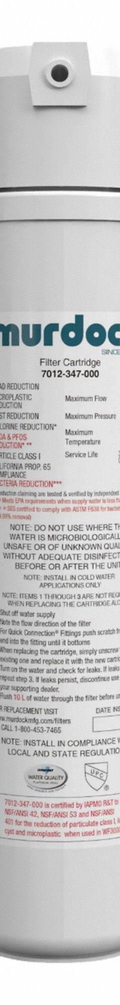MURDOCK Water Filter Cartridge: 0.1 micron, 1.5 gpm, 3,000 gal, 2 7/8 in Overall Dia (MPN 7012-347-001). Key specifications — Connection Type: Quick-Connect; Filter Media: Hollow Fiber; Brand: MURDOCK.