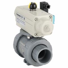 HAYWARD FLOW CONTROL Pneumatically Actuated Two-Way Ball Valve: 1 1/2 in, CPVC, Air to Spring (MPN PSSTBH215STVA9). Key specifications — Brand: HAYWARD FLOW CONTROL; Connection Gender - Side 1: Female; Actuator Features: Position Indicator; Actuator Operation: Air to Spring; Actuator Series: PSS; Connection Gender - Side 2: Female; Connection Type - Side 1: True-Union Socket/True-Union NPT; Connection Type - Side 2: True-Union Socket/True-Union NPT.