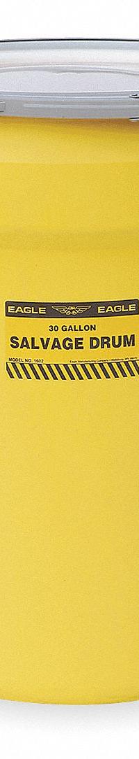 EAGLE Salvage Drum: HDPE, 30 gal, Lever Lock Ring, Unlined/No Interior Coating, Metal (MPN 1602). Key specifications — Drum Material: HDPE; Drum Head Type: Open Head; UN Rating Solids: 1H2/X120/S; UN Rating Liquids: 1H2/X120/S; Interior Lining: Unlined/No Interior Coating; Drum Message Text: None; Closing Ring Material: Metal; For Holding: Hazardous Materials.
