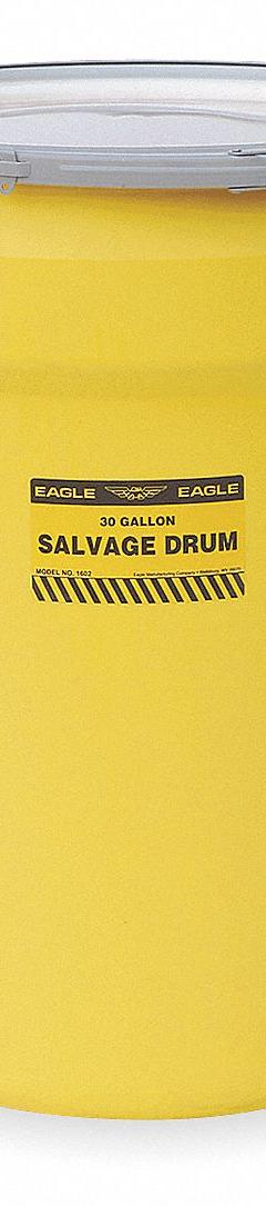 EAGLE Salvage Drum: HDPE, 30 gal, Lever Lock Ring, Unlined/No Interior Coating, Metal (MPN 1602). Key specifications — Drum Material: HDPE; Drum Head Type: Open Head; UN Rating Solids: 1H2/X120/S; UN Rating Liquids: 1H2/X120/S; Interior Lining: Unlined/No Interior Coating; Drum Message Text: None; Closing Ring Material: Metal; For Holding: Hazardous Materials.