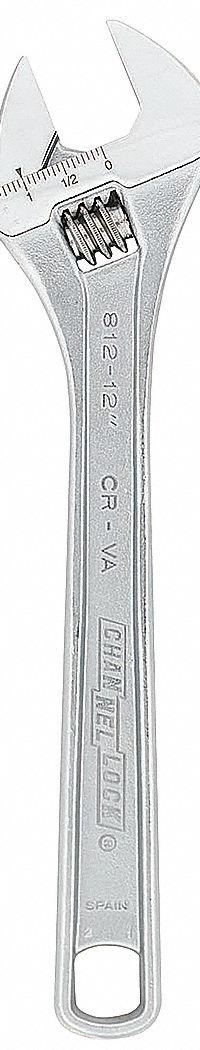 CHANNELLOCK Adjustable Wrench: Alloy Steel, Chrome, 12 in Overall Lg, 1 1/2 in Jaw Capacity (MPN 812W). Key specifications — attr309359: Chrome; attr324924: CHANNELLOCK; attr309358: Alloy Steel.