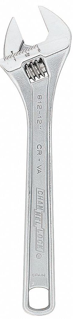 CHANNELLOCK Adjustable Wrench: Alloy Steel, Chrome, 12 in Overall Lg, 1 1/2 in Jaw Capacity (MPN 812W). Key specifications — attr309359: Chrome; attr324924: CHANNELLOCK; attr309358: Alloy Steel.