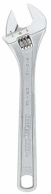 CHANNELLOCK Adjustable Wrench: Alloy Steel, Chrome, 12 in Overall Lg, 1 1/2 in Jaw Capacity (MPN 812W). Key specifications — attr309359: Chrome; attr324924: CHANNELLOCK; attr309358: Alloy Steel.