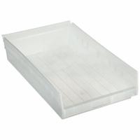 QUANTUM STORAGE SYSTEMS Shelf Bin: 17 7/8 in Overall Lg, 11 1/8 in x 4 in, Clear, Nesting Capable (MPN QSB110CL). Key specifications — attr1179622: QUANTUM STORAGE SYSTEMS; attr1179611: 0%; attr1179616: QSB110CL; attr1179624: Dividers Not Included; attr1249172: Not Electrostatic Discharge Conductive.