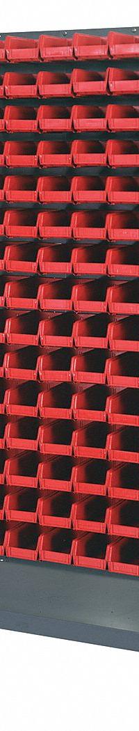 QUANTUM STORAGE SYSTEMS Mobile Louvered Floor Rack: 36 in x 24 in x 72 in, 240 Bins Included, Red (MPN QMD-36H-220RD). Key specifications — Bin Width: 4-1/8 in; Color: Gray; Caster Wheel/Configuration: (2) Rigid; Caster Wheel/Tread Material: Hard Rubber; Bin Color: Red; Bin Depth: 7-3/8 in; Bin Height: 3 in; Brand: QUANTUM STORAGE SYSTEMS.