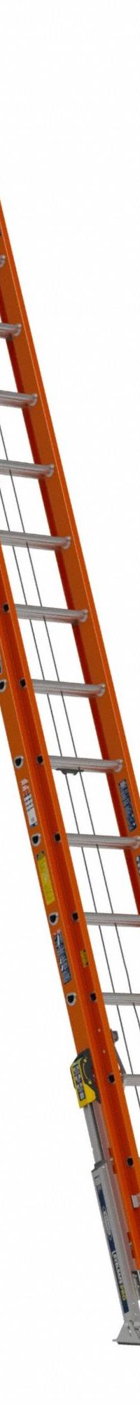 WERNER Extension Ladder: 32 ft Ladder Size, Fiberglass, 300 lb Load Capacity, 96 lb Wt, 2 Sections (MPN D6232-2L). Key specifications — Color: Orange; Brand: WERNER; Included Features: Bubble Level; Removable Fly: Removable.
