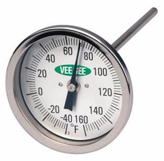 VEE GEE Soil Dial Thermometer: -40°F to 160°F, +/- 2°F, 12 in Stem Lg, Fahrenheit (MPN 82160-12). Key specifications — Accuracy: +/- 2°F; Thread Type: NPT; Housing Material: Stainless Steel; Brand: VEE GEE; Temperature Units: Fahrenheit.