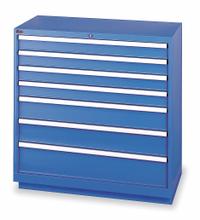 LISTA Modular Drawer Cabinet: 40 1/4 in x 22 1/2 in x 41 3/4 in, 7 Drawers, 96 Compartments, Steel (MPN HS09-0702A-FTKABB). Key specifications — Drawer Inside Height: (1) 7 in; Drawer Access: Single; Base Type: Frame; Number of Compartments per Drawer: (2) 18; Brand: LISTA; Cabinet Color: Bright Blue.
