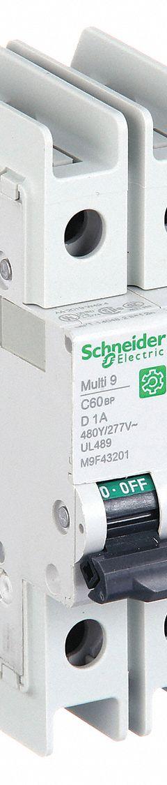 SCHNEIDER ELECTRIC IEC Miniature Circuit Breaker: 1 A Amps, 14kA at 120/240V AC, Screw Clamp, C60BP (MPN M9F43201). Key specifications — attr195863: Not Rated; attr211132: SCHNEIDER; attr195864: 14kA at 120/240V AC; attr195865: Screw Clamp; attr195867: 240/277/480V AC.