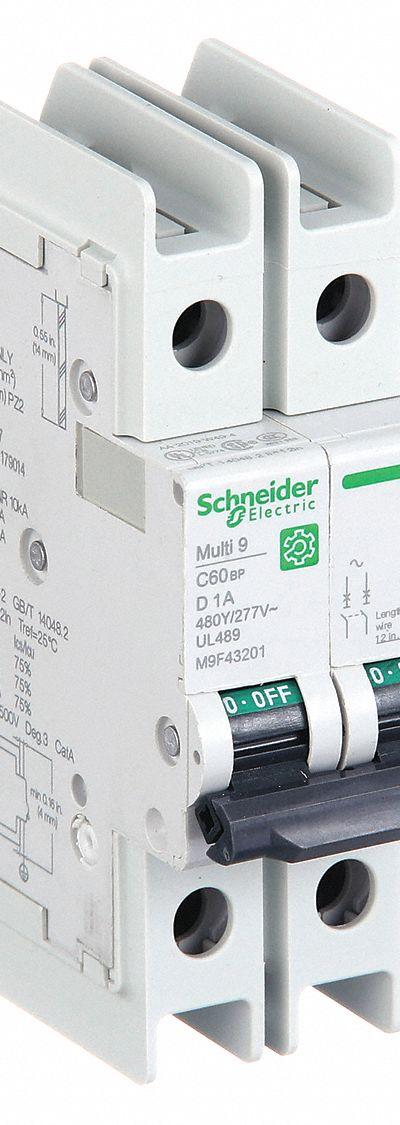SCHNEIDER ELECTRIC IEC Miniature Circuit Breaker: 1 A Amps - D-Curve, 2-Pole UL489 DIN Rail-Mount Miniature Circuit Breakers