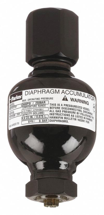 Parker Diaphragm Accumulator: 5 cu in Fluid Volume, 5 cu in, 11 gpm Max. Flow - Uncharged Diaphragm Accumulators