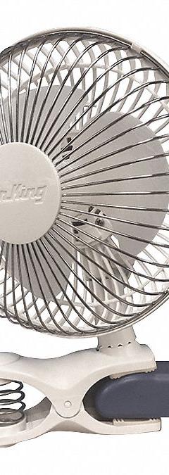 AIR KING Cooling Fan: 6 in Blade Dia, Non-Oscillating, 90 cfm_190 cfm Airflow, Clip-On, 2 Speeds (MPN 9145). Key specifications — Voltage: 120V AC; Oscillation: Non-Oscillating; Number of Speeds: 2; Power Source: Plug-In; Brand: AIR KING.