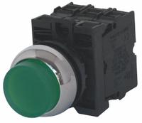 EATON Illuminated Push Button: Illuminated, Extended Profile, Metallic, 22 mm, 2NO (MPN M22M-DLH-G-K20-230G). Key specifications — Brand: EATON; Action: Momentary; Series: M22; Push Button Material Type: Metallic.