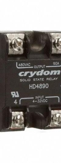 CRYDOM Solid State Relay: Surface Mounted, 90 A Max Output Current, SCR, AC Output (MPN HD4890). Key specifications — Brand: CRYDOM; Current Type: AC; Electrical Connection: Screw Clamp; Finger Safe: No; Input Current: 12 mA; Maximum Output Current without Heat Sink: Not Recommended; Mounting Style: Panel; Output Voltage: 48 to 530V AC.